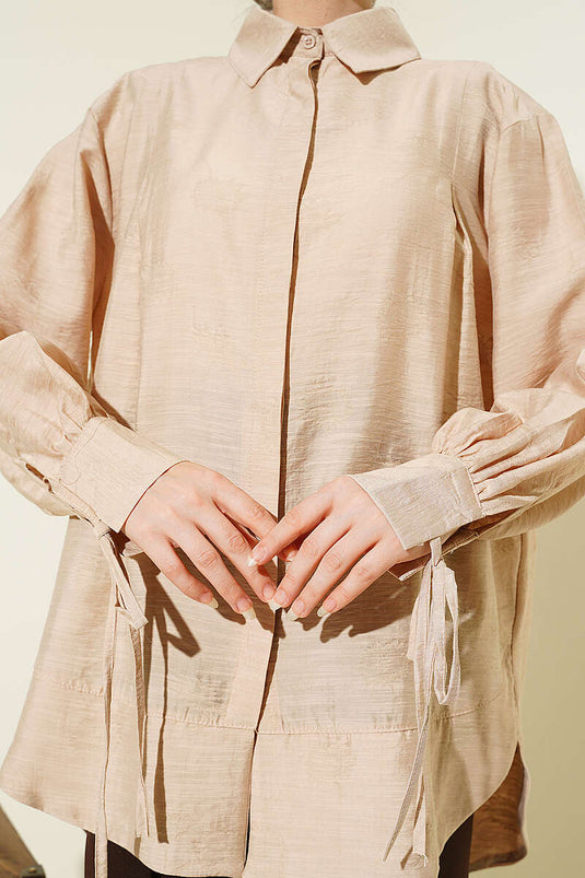 Oversize-Hemd mit gerafften Ärmeln und Kordeldetail, Beige