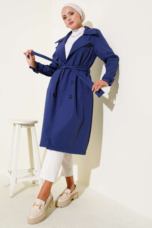 Belted Trench Coat with Ankle Belt Navy Blue
