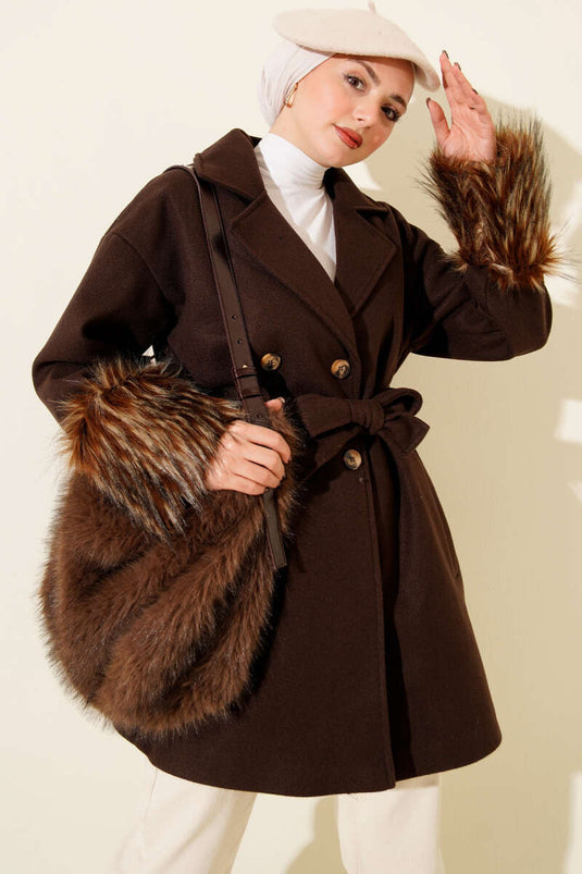 Ankle Fur-Trimmed Buttoned Cashmere Coat, Dark Brown