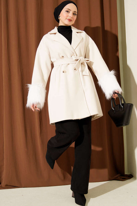 Fur-trimmed Ankle Buttoned Cashmere Coat, Beige