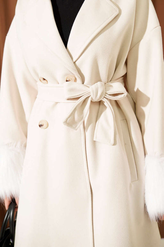 Fur-trimmed Ankle Buttoned Cashmere Coat, Beige