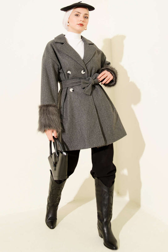 Fur-trimmed Ankle Buttoned Cashmere Coat, Smoke Grey