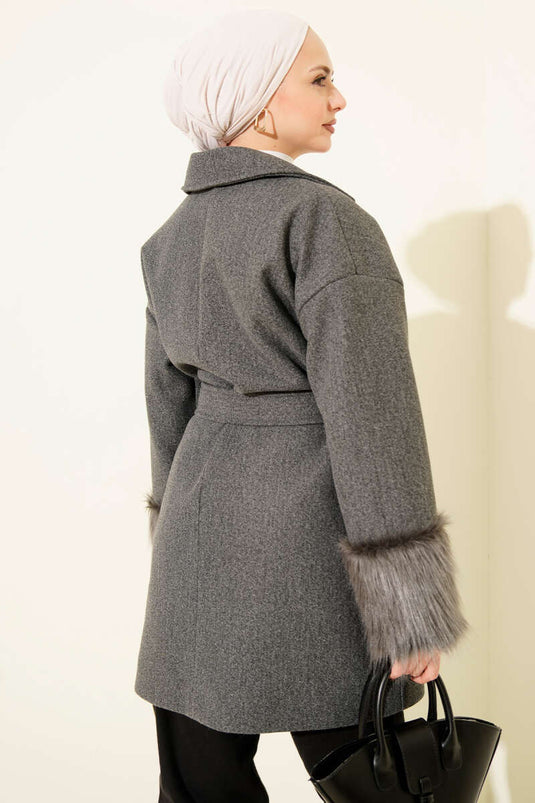 Fur-trimmed Ankle Buttoned Cashmere Coat, Smoke Grey