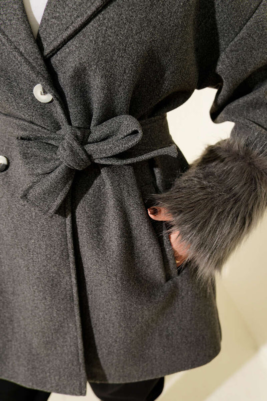 Fur-trimmed Ankle Buttoned Cashmere Coat, Smoke Grey
