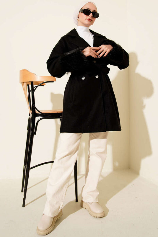 Black Fur-Trimmed Buttoned Cashmere Coat