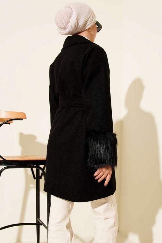 Black Fur-Trimmed Buttoned Cashmere Coat