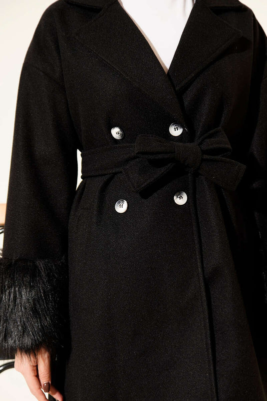 Black Fur-Trimmed Buttoned Cashmere Coat