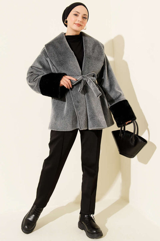 Goldfox Coat with Ankle Fur Belt, Grey