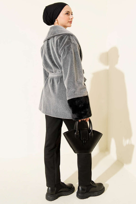 Goldfox Coat with Ankle Fur Belt, Grey