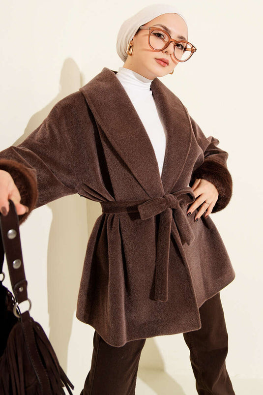 Goldfox Coat with Ankle Fur Belt, Brown