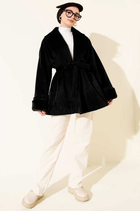 Goldfox Coat with Ankle Fur Belt, Black