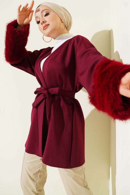 Bilek Kürklü Kuşaklı Scuba Ceket Bordo