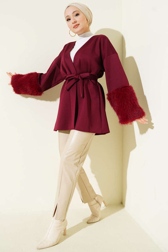 Wrist Fur Belted Scuba Jacket Burgundy