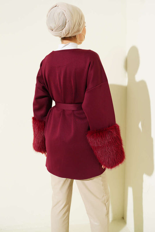 Wrist Fur Belted Scuba Jacket Burgundy