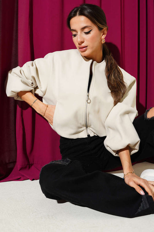 Veste courte en drap avec détails en caoutchouc beige