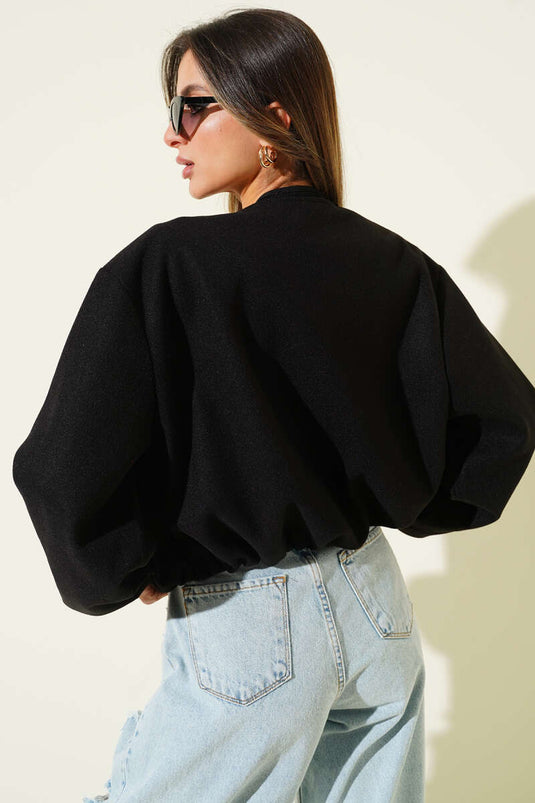 Bilek Lastik Detaylı Kısa Kaşe Ceket Siyah