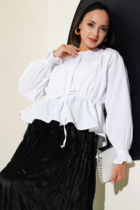 Bilek Lastikli Bel Tünelli Kısa Gömlek Beyaz