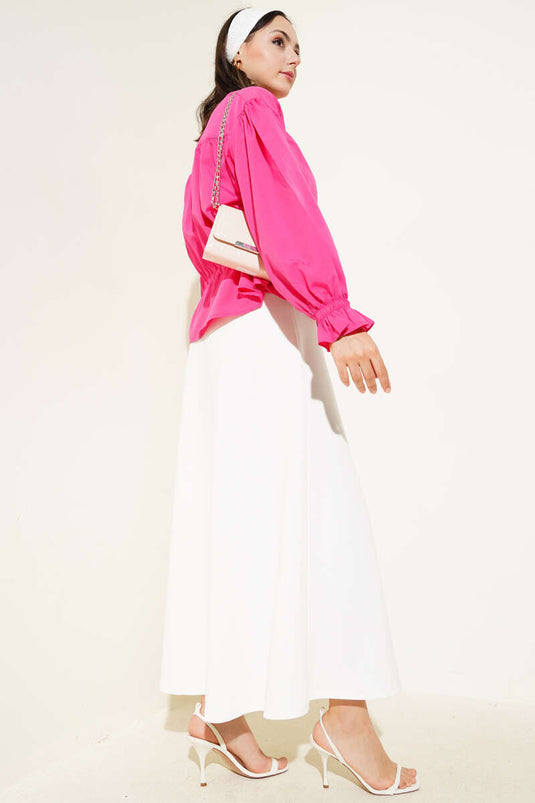 قميص قصير بخصر مطاطي بلون الفوشيا