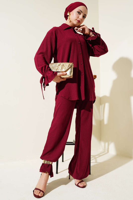 Costume deux pièces à poignets élastiques rouge bordeaux