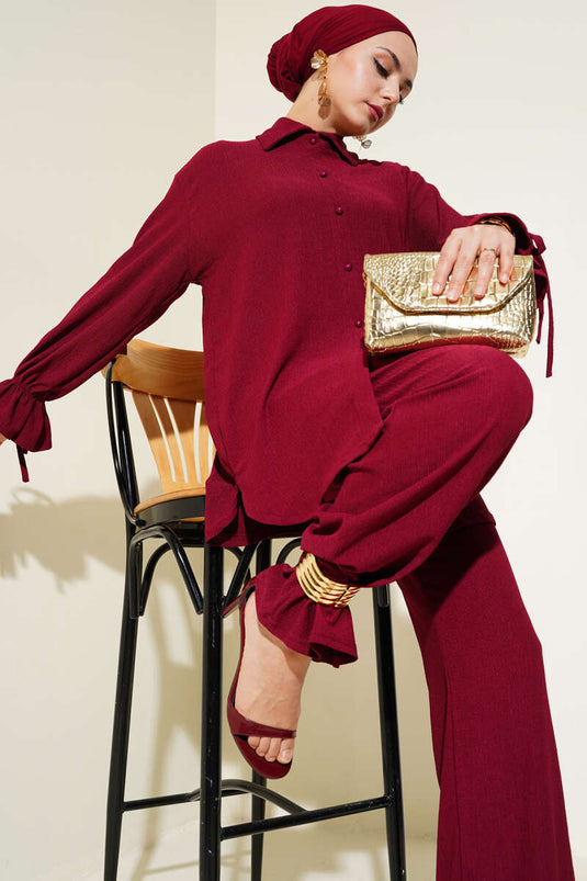 Costume deux pièces à poignets élastiques rouge bordeaux