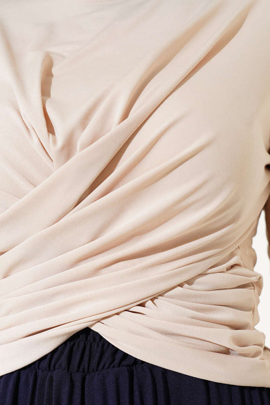 Elasticated Cross Gathered Blouse Beige