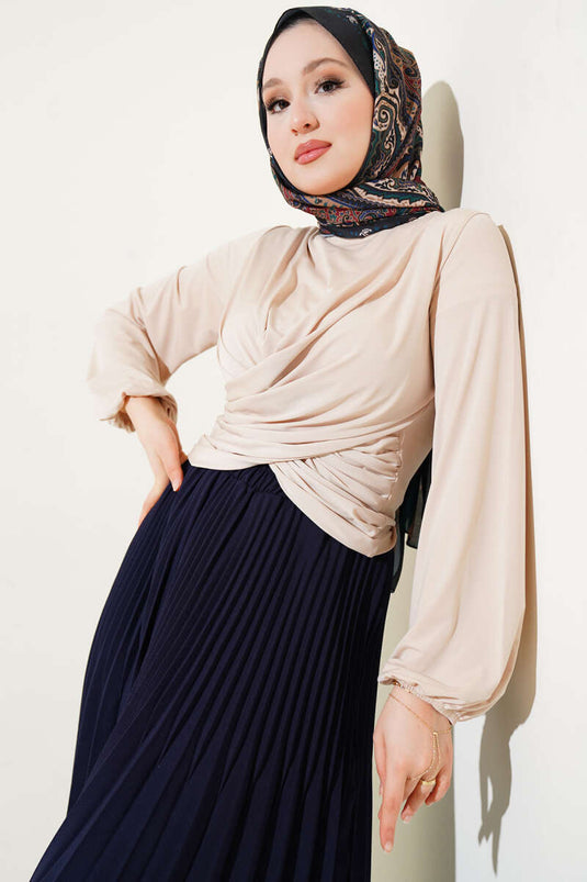 Elasticated Cross Gathered Blouse Beige