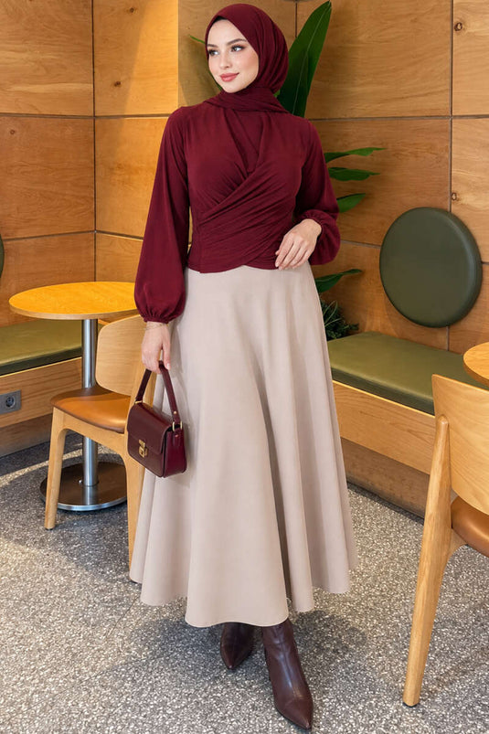 Burgundy Ruched Cross-Front Blouse With Elasticated Cuffs