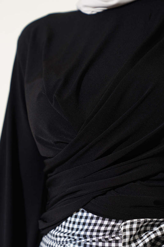 Elasticated Cross Gathered Blouse Black