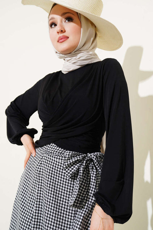 Elasticated Cross Gathered Blouse Black