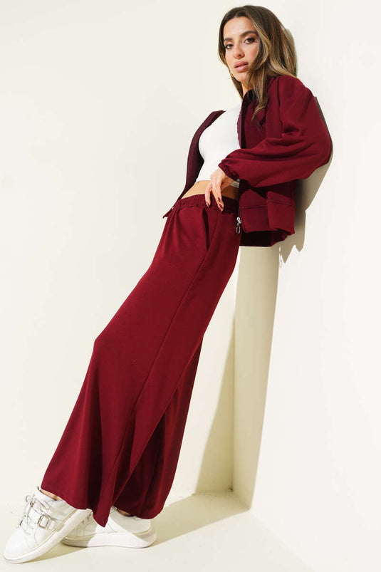 Ensemble décontracté bordeaux à deux pièces avec poches et poignets élastiqués