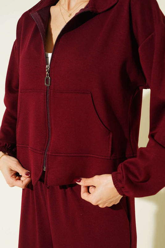 Ensemble décontracté bordeaux à deux pièces avec poches et poignets élastiqués