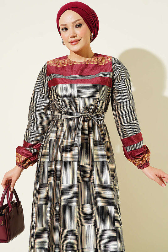 Bordeaux Musterkleid Mit Elastischen Bündchen