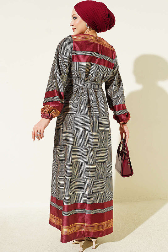 Bordeaux Musterkleid Mit Elastischen Bündchen