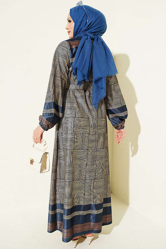 Blaue Kleid Mit Elastischen Bündchen Und Dama-Muster