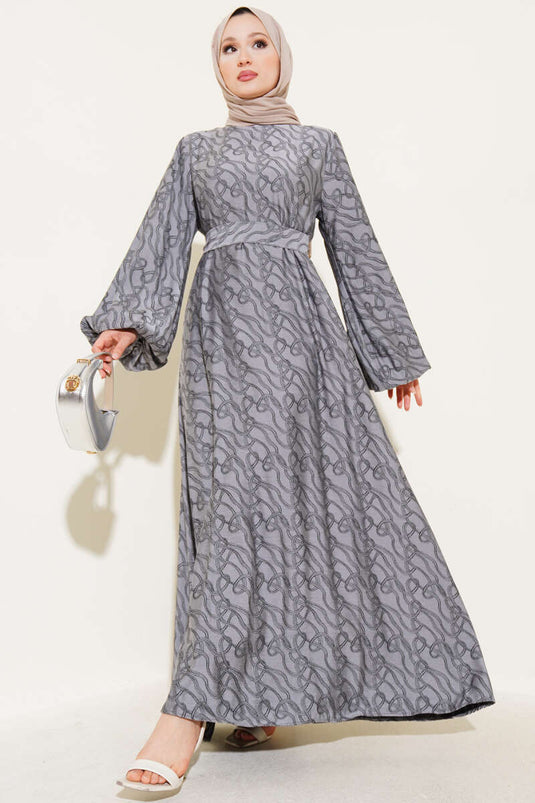 Bilek Lastikli Düğüm Desen Elbise Gri