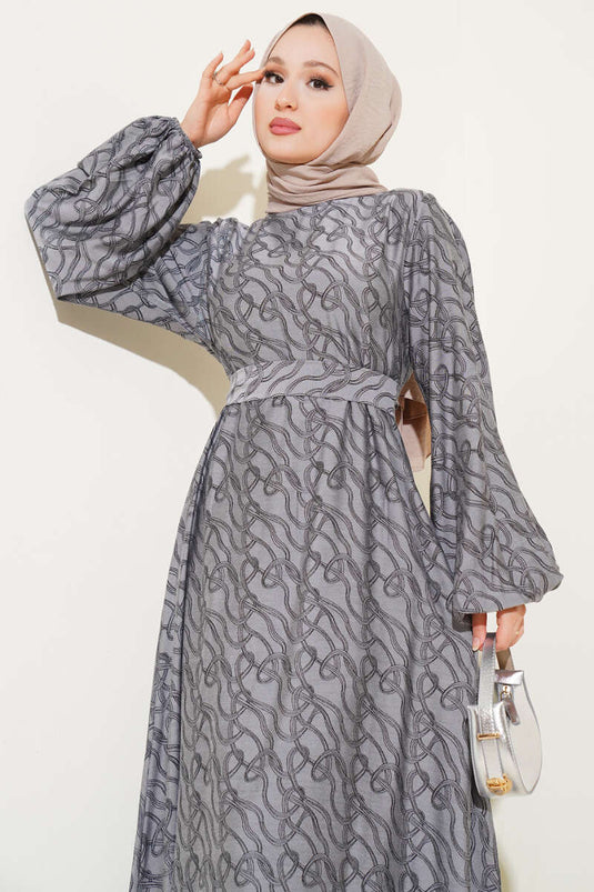 Bilek Lastikli Düğüm Desen Elbise Gri