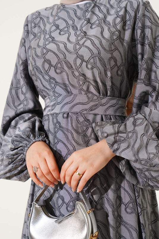 Bilek Lastikli Düğüm Desen Elbise Gri