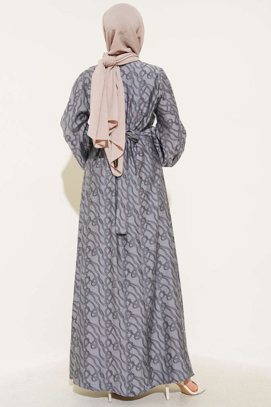 Bilek Lastikli Düğüm Desen Elbise Gri