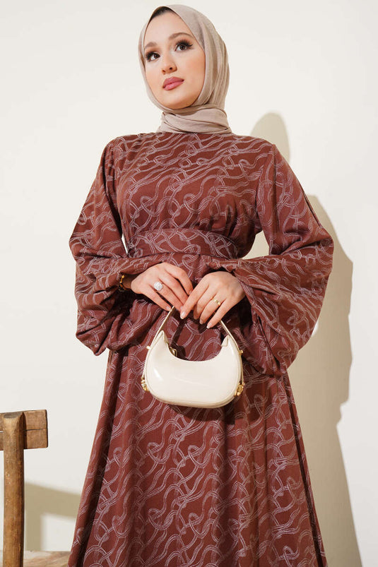 Bilek Lastikli Düğüm Desen Elbise Kahve