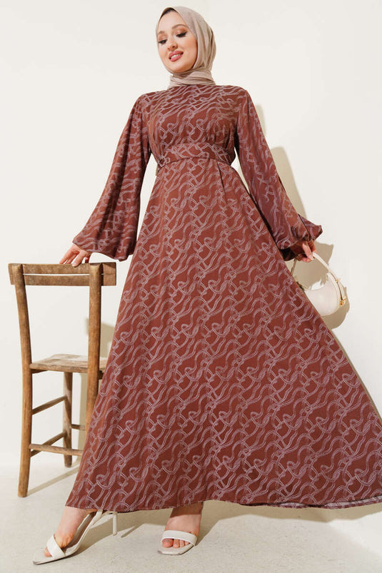 Bilek Lastikli Düğüm Desen Elbise Kahve