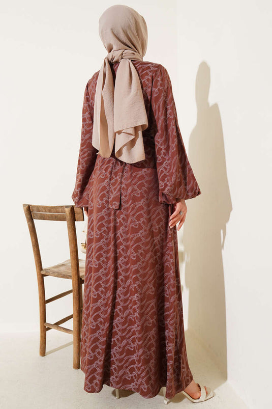 Bilek Lastikli Düğüm Desen Elbise Kahve