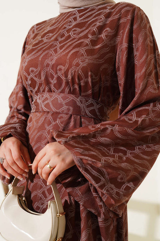 Bilek Lastikli Düğüm Desen Elbise Kahve