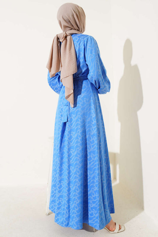 Elasticated Ankle Knot Pattern Dress Blue