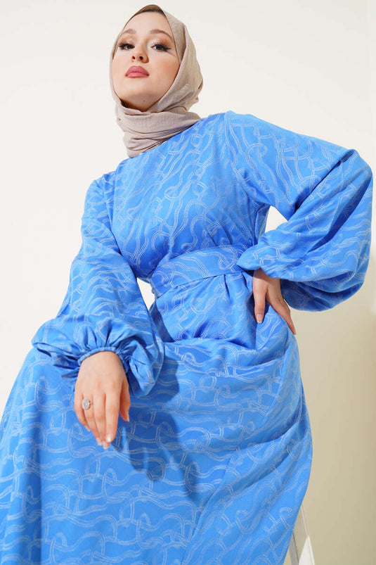 Elasticated Ankle Knot Pattern Dress Blue