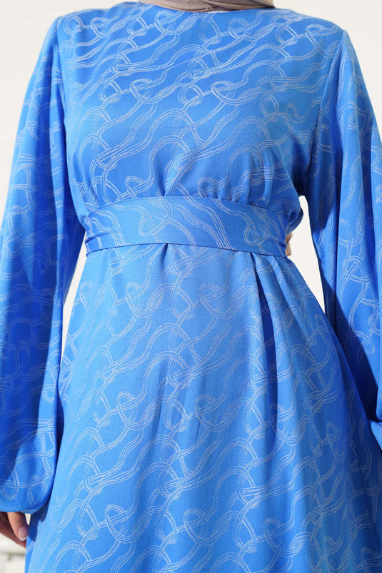Elasticated Ankle Knot Pattern Dress Blue