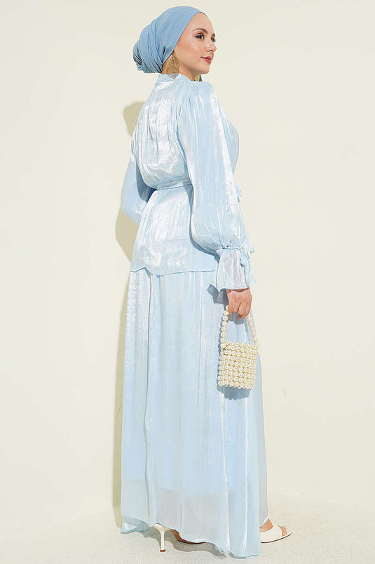 طقم سهرة ثنائي بجيب وتنورة بليوك بأزرق فاتح
