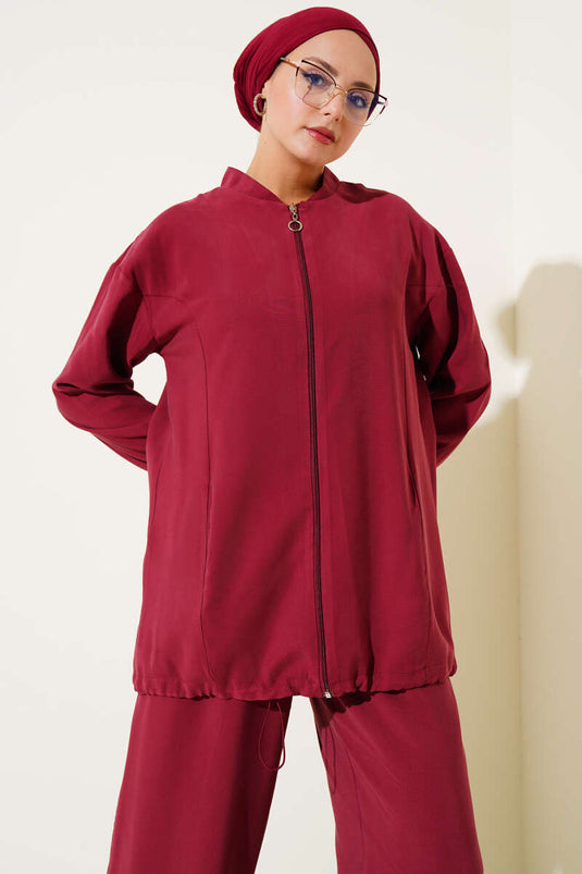 Bilek Lastikli Fermuarlı Tensel İkili Takım Bordo