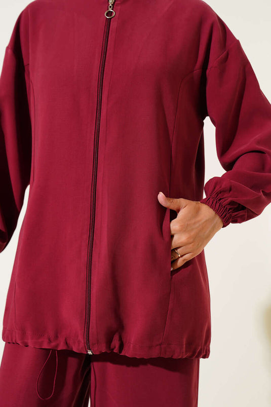 Bilek Lastikli Fermuarlı Tensel İkili Takım Bordo