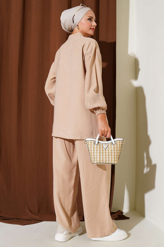 طقم من قطعتين من قماش تينسيل بسحاب معصم مطاطي لاتيه