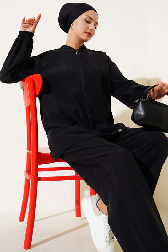 Elasticated Ankle Zippered Tencel Two Piece Set Black